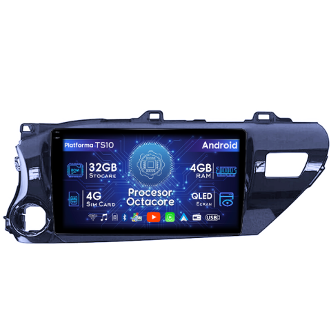 Hilux 2015-2020 - Navigatie dedicata Toyota Hilux 2015-2020, 4GB RAM 32GB ROM, Octacore, Android 14, Display QLED 1K 10", DSP, Carplay&Android Auto, SIM 4G, Bluetooth, Ventilator Activ