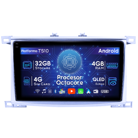Land Cruiser 100 1998-2007 - Navigatie dedicata Toyota Land Cruiser 100 2002-2007, 4GB RAM 32GB ROM, Octacore, Android 14, Display QLED 1K 10", DSP, Carplay&Android Auto, SIM 4G, Bluetooth, Ventilator Activ