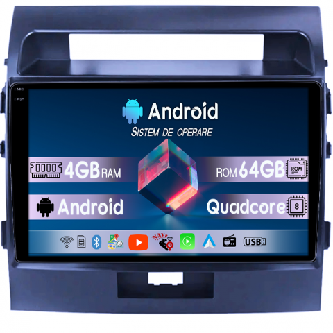 Land Cruiser 200 2008-2015 - Navigatie dedicata Toyota Land Cruiser 200 2008-2015, 4GB RAM 64GB ROM, Quadcore, Android 14, Display QLED 1K, 10", DSP, Carplay&Android Auto, Suport camere AHD