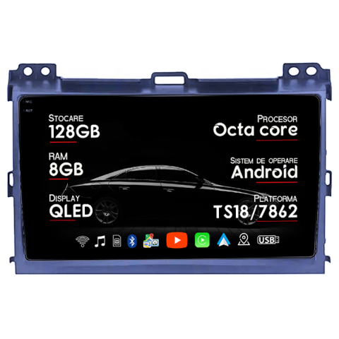 Navigatii Dedicate - Navigatie dedicata Toyota Land Cruiser J120 Prado 2003-2009, 8GB RAM 128GB ROM, Octacore, Platforma TS18, Android 14, Display QLED 9", Suporta camera 360", DSP, Carplay&Android Auto, SIM 4G, Ventil