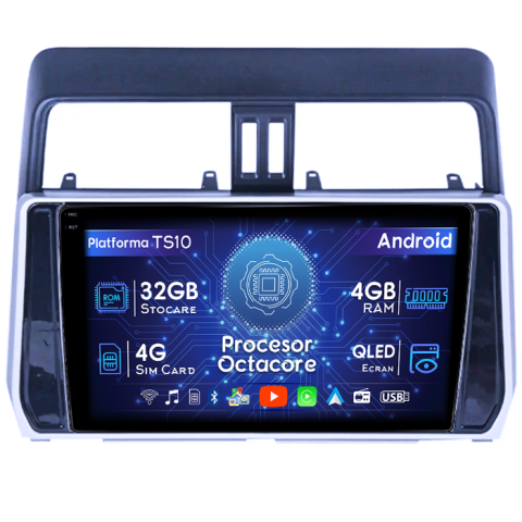 Prado 2013-2017 - Navigatie dedicata Toyota Land Prado 2013-2017, 4GB RAM 32GB ROM, Octacore, Android 14, Display QLED 1K 10", DSP, Carplay&Android Auto, SIM 4G, Bluetooth, Ventilator Activ