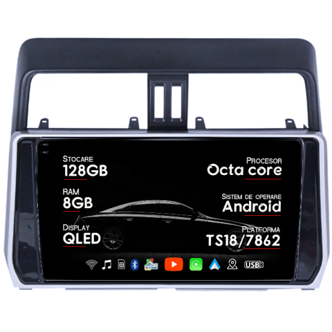 Prado 2017-2018 - Navigatie dedicata Toyota Land Prado 2017-2018, 8GB RAM 128GB ROM, Octacore, Platforma TS18, Android 14, Display QLED 10", Suporta camera 360", DSP, Carplay&AndroidAuto