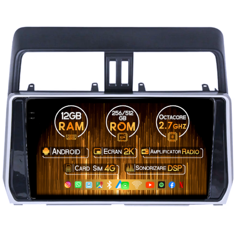 Prado 2017-2018 - Navigatie dedicata Toyota Land Prado 2017-2018, 12GB RAM 256GB ROM, Android 13, Rezolutie 2K, Display QLED, 10", DSP, Carplay, Android Auto, Internet, Youtube