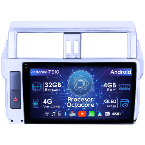 Prado 150 2009-2013 - Navigatie dedicata Toyota Prado 150 2009-2013, 4GB RAM 32GB ROM, Octacore, Android 14, Display QLED 1K 9", DSP, Carplay&Android Auto, SIM 4G, Bluetooth, Ventilator Activ