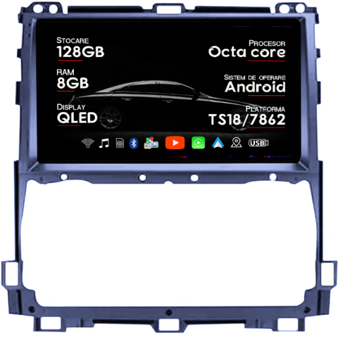 Navigatii Dedicate - Navigatie dedicata Toyota Prado 2002-2009, 8GB RAM 128GB ROM, Octacore, Platforma TS18, Android 14, Display QLED 9", Suporta camera 360", DSP, Carplay&Android Auto, SIM 4G, Ventilator Activ