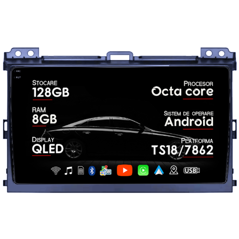 Prado 2004-2009 - Navigatie dedicata Toyota Prado 2004-2009, 8GB RAM 128GB ROM, Octacore, Platforma TS18, Android 14, Display QLED 9â, Suporta camera 360Âş, DSP, Carplay&Android Auto, SIM 4G, Ventilator Activ