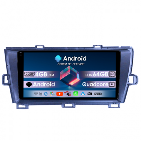 Toyota - Navigatie dedicata Toyota Prius 2009-2015 Black, 4GB RAM 64GB ROM, Quad Core, Display 9" QLED 1K, Carplay, Android 14, Bluetooth, Magazin Play, Suport Camere AHD
