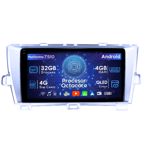 Toyota - Navigatie dedicata Toyota Prius 2009-2015 Silver, 4GB RAM 32GB ROM, Octacore, Android 14, Display QLED 1K 9", DSP, Carplay&Android Auto, SIM 4G, Bluetooth, Ventilator Activ
