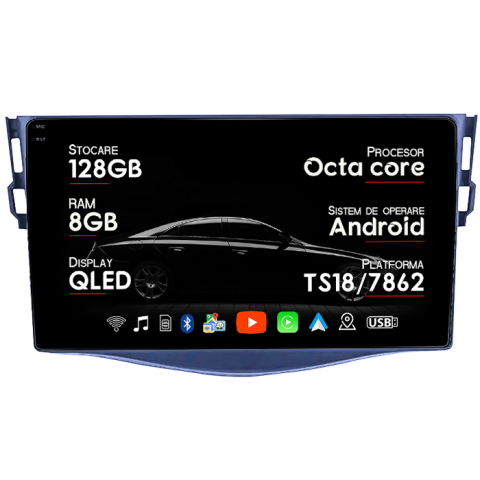 Navigatii Dedicate - Navigatie dedicata Toyota Rav 4 2007-2013, 8GB RAM 128GB ROM, Octacore, Platforma TS18, Android 14, Display QLED 9", Suporta camera 360", DSP, Carplay&Android Auto, SIM 4G, Ventilator Activ