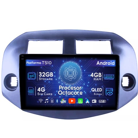 RAV4 2005-2013 - Navigatie dedicata Toyota RAV4 2005-2013, 4GB RAM 32GB ROM, Octacore, Android 14, Display QLED 1K 10", DSP, Carplay&Android Auto, SIM 4G, Bluetooth, Ventilator Activ