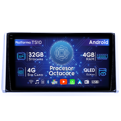 RAV4 2018-2020 - Navigatie dedicata Toyota RAV4 2019, 4GB RAM 32GB ROM, Octacore, Android 14, Display QLED 1K 10", DSP, Carplay&Android Auto, SIM 4G, Bluetooth, Ventilator Activ