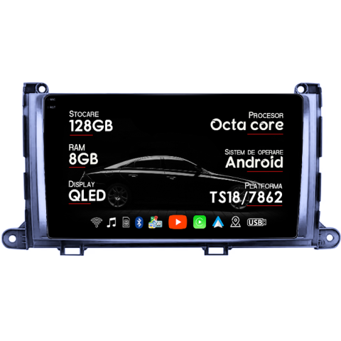 Navigatii Dedicate - Navigatie dedicata Toyota Sienna 2009-2014, 8GB RAM 128GB ROM, Octacore, Platforma TS18, Android 14, Display QLED 9", Suporta camera 360", DSP, Carplay&Android Auto, SIM 4G, Ventilator Activ