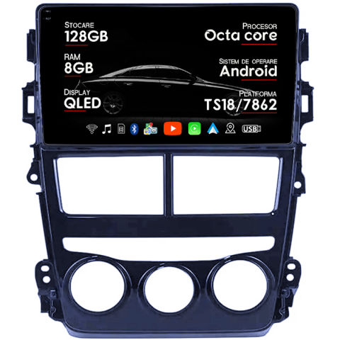 Navigatii Dedicate - Navigatie dedicata Toyota Vios 2018-2019, 8GB RAM 128GB ROM, Octacore, Platforma TS18, Android 14, Display QLED 9", Suporta camera 360", DSP, Carplay&Android Auto, SIM 4G, Ventilator Activ