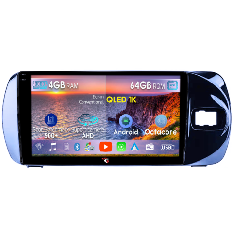 Navigatii Dedicate - Navigatie dedicata Toyota Vitz 2016-2020, 4GB RAM 64GB ROM, Octacore, Android 14, Display QLED  9", Carplay&Android Auto, SIM 4G, Ventilator Activ
