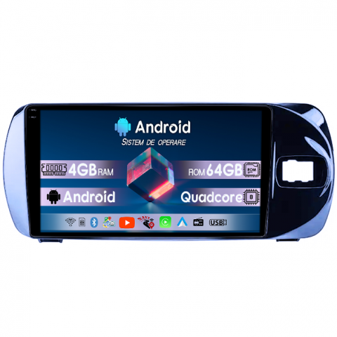 Vitz 2016-2020 - Navigatie dedicata Toyota Vitz 2016-2020, 4GB RAM 64GB ROM, Quad Core, Display 9" QLED 1K, Carplay, Android 14, Bluetooth, Magazin Play, Suport Camere AHD