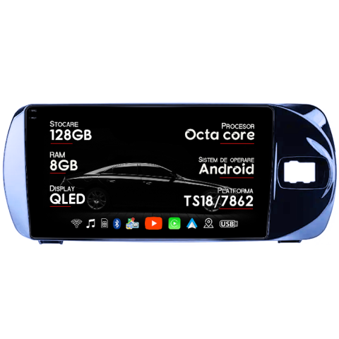 Navigatii Dedicate - Navigatie dedicata Toyota Vitz 2016-2020, 8GB RAM 128GB ROM, Octacore, Platforma TS18, Android 14, Display QLED 9", Suporta camera 360", DSP, Carplay&Android Auto, SIM 4G, Ventilator Activ