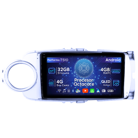 Navigatii Dedicate - Navigatie dedicata Toyota Yaris 2012-2017, 4GB RAM 32GB ROM, Octacore, Android 14, Display QLED  9", DSP, Carplay&Android Auto, SIM 4G, Bluetooth, Ventilator Activ