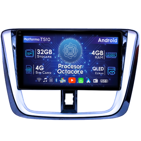 Yaris (2014-) - Navigatie dedicata Toyota Yaris 2014+, 4GB RAM 32GB ROM, Octacore, Android 14, Display QLED 1K 10", DSP, Carplay&Android Auto, SIM 4G, Bluetooth, Ventilator Activ