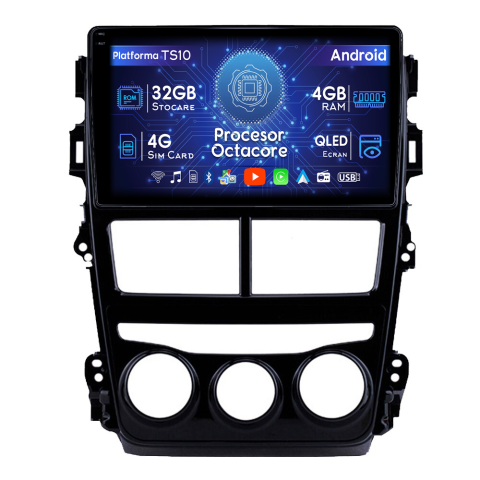 Yaris 2017-2019 - Navigatie dedicata Toyota Yaris 2017-2019 AC, 4GB RAM 32GB ROM, Octacore, Android 14, Display QLED  9", DSP, Carplay&Android Auto, SIM 4G, Bluetooth, Ventilator Activ