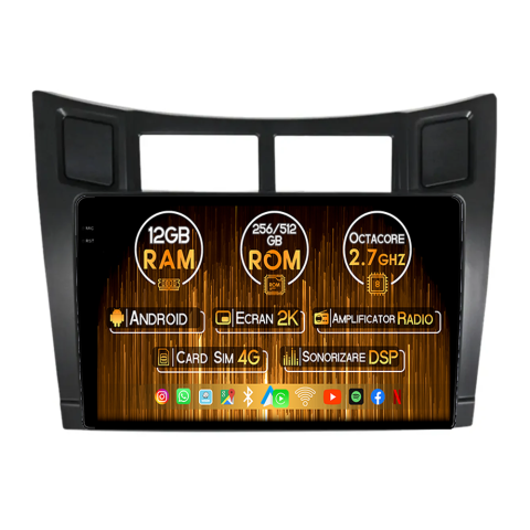 Yaris 2005-2012 - Navigatie dedicata Toyota Yaris/Vizi 2005-2012, 12GB RAM 256GB ROM, Android 13, Rezolutie 2K, Display QLED, 9", DSP, Carplay, Android Auto, Internet, Youtube, Waze
