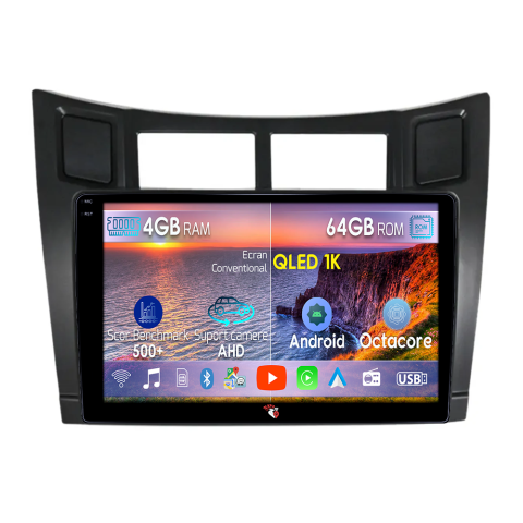 Yaris 2005-2012 - Navigatie dedicata Toyota Yaris/Vizi 2005-2012, 4GB RAM 64GB ROM, Octacore, Android 14, Display QLED  9", Carplay&Android Auto, SIM 4G, Ventilator Activ