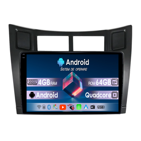 Yaris 2005-2012 - Navigatie dedicata Toyota Yaris/Vizi 2005-2012, 4GB RAM 64GB ROM, Quad Core, Display 9" QLED  Carplay, Android 14, Bluetooth, Magazin Play, Suport Camere AHD