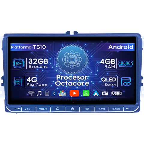T6 2016-2019 - Navigatie dedicata Volkswagen, 4GB RAM 32GB ROM, Octacore, Android , Display QLED  9", DSP, Carplay&Android Auto, SIM 4G, Bluetooth, Ventilator Activ - Resigilat