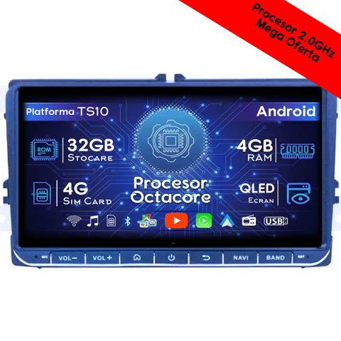 Golf 5 2004-2009 - Navigatie dedicata Volkswagen, 4GB RAM 32GB ROM, Octacore, Android , Display QLED  9", DSP, Carplay&Android Auto, SIM 4G, Bluetooth, Ventilator Activ - Resigilat