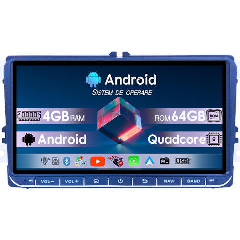 T6 2016-2019 - Navigatie dedicata Volkswagen, 4GB RAM 64GB ROM, Quadcore, Android 14, Display QLED, 9", Carplay&Android Auto, Suport camere AHD