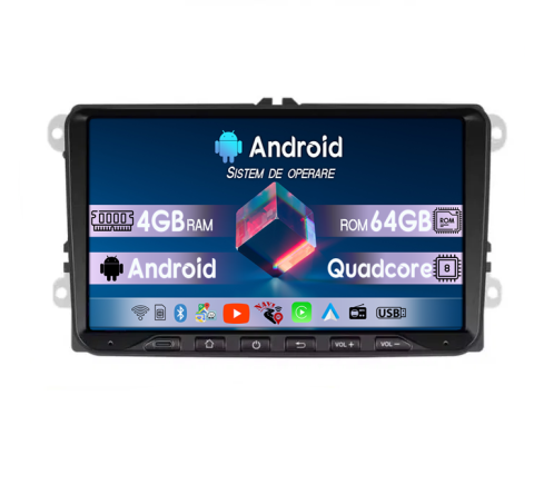 Golf 5 - Navigatie dedicata Volkswagen Cu Usb C Frontal, 4GB RAM 64GB ROM, Quadcore, Android 14, Display QLED, 9", Carplay&Android Auto, Suport camere AHD