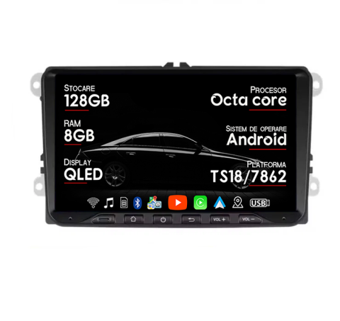 Volkswagen - Navigatie dedicata Volkswagen Cu Usb C Frontal, 8GB RAM 128GB ROM, Octacore, Platforma TS18, Android 14, Display QLED 9", Suporta camera 360", DSP, Carplay&Android Auto, SIM 4G, Ventilat