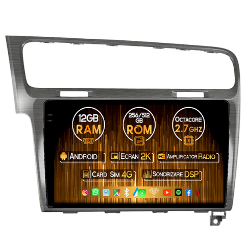 Navigatii Dedicate - Navigatie dedicata Volkswagen Golf 7, Gri Sidefat, 12GB RAM 256GB ROM, Android 14, Rezolutie 2K, Display QLED, 10", DSP, Carplay, Android Auto, Internet, Youtube, Waze, Wi Fi, USB