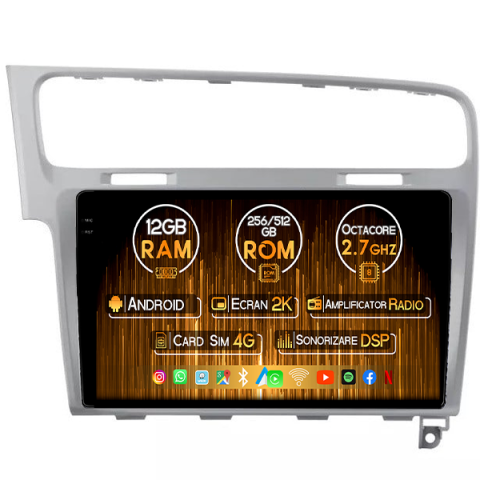 Navigatii Dedicate - Navigatie dedicata Volkswagen Golf 7, Light Gray, 12GB RAM 256GB ROM, Android 14, Rezolutie 2K, Display QLED, 10", DSP, Carplay, Android Auto, Internet, Youtube, Waze, Wi Fi, USB