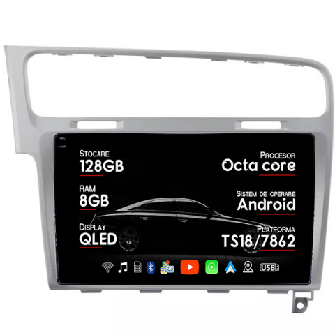 Golf 7 (2013-Prezent) - Navigatie dedicata Volkswagen Golf 7, Light Gray, 8GB RAM 128GB ROM, Octacore, Platforma TS18, Android 14, Display QLED 10", Suporta camera 360", DSP, Carplay&Android Auto, SIM 4G, Ventilator