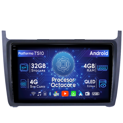 Polo 2010-2018 - Navigatie dedicata Volkswagen Polo Golf Passat, 4GB RAM 32GB ROM, Octacore, Android 14, Display QLED 1K 9", DSP, Carplay&Android Auto, SIM 4G, Bluetooth, Ventilator Activ