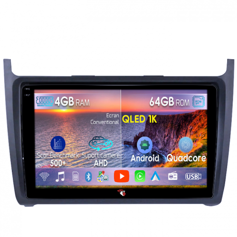 Polo 2010-2018 - Navigatie dedicata Volkswagen Polo Golf Passat, 4GB RAM 64GB ROM, Octacore, Android 14, Display QLED 1K 9", DSP, Carplay, Android Auto, Internet, Youtube, Waze, WIFI, Bluetooth