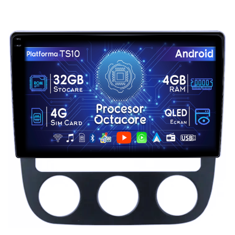 Golf 5 - Navigatie dedicata Volkswagen Sagitar / Jetta5 2006-2010 si Golf 5, 4GB RAM 32GB ROM, Octacore, Android 14, Display QLED 1K 10", DSP, Carplay&Android Auto, SIM 4G, Bluetooth, Ventilator Activ