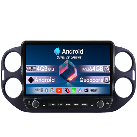 Tiguan (2007-2016) - Navigatie dedicata Volkswagen Tiguan 2007-2016 Tesla cu butoane rotative model 2024, 4GB RAM 64GB ROM, Procesor Quadcore, Android 14, Display QLED 10", DSP, Carplay&Android Auto