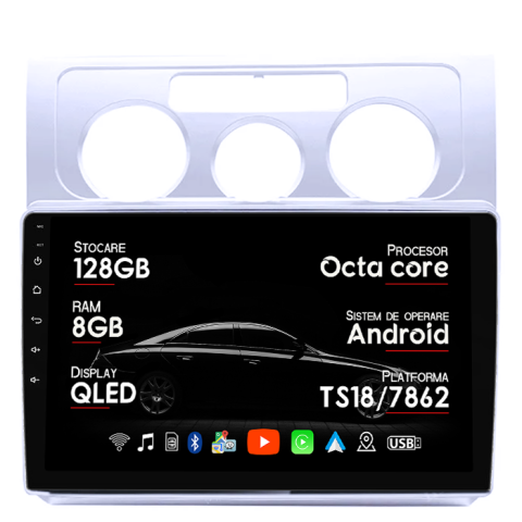 Navigatii Dedicate - Navigatie dedicata Volkswagen Touran 2003-2015, 8GB RAM 128GB ROM, Octacore, Platforma TS18, Android 14, Display QLED 9”, Suporta camera 360º, DSP, Carplay&Android Auto, SIM 4G, Ventilator Activ