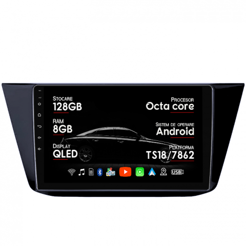 Volkswagen - Navigatie dedicata Volkswagen Touran 2015+, 8GB RAM 128GB ROM, Octacore, Platforma TS18, Android 14, Display QLED 9”, Suporta camera 360º, DSP, Carplay&Android Auto, SIM 4G, Ventilator Activ