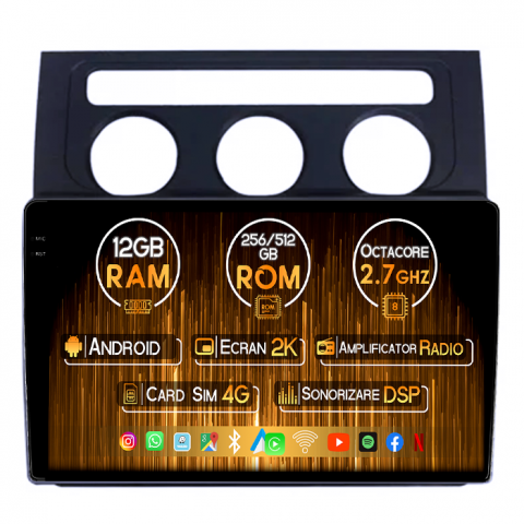 Navigatii Dedicate - Navigatie dedicata Volkswagen Touran2003-2015, 12GB RAM 256GB ROM, Android 13, Rezolutie 2K, Display QLED, 10.1", DSP, Carplay, Android Auto, Internet, Youtube, Waze, Wi Fi, USB