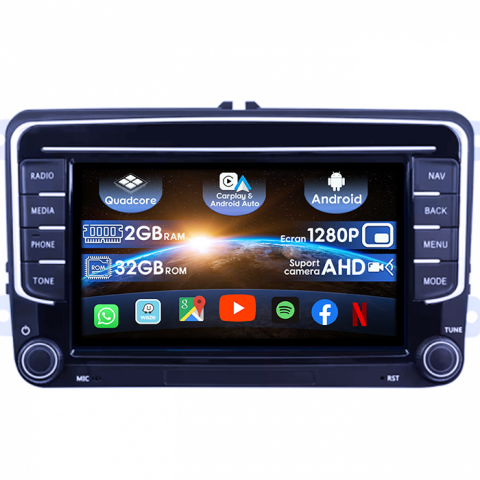 Scirocco (2008-2017) - Navigatie dedicata Volkswagen, model 2023, 2GB RAM 32GB ROM, Quad Core, Display 7" IPS Full HD, Carplay&Android Auto, Android 14, Suport camere AHD