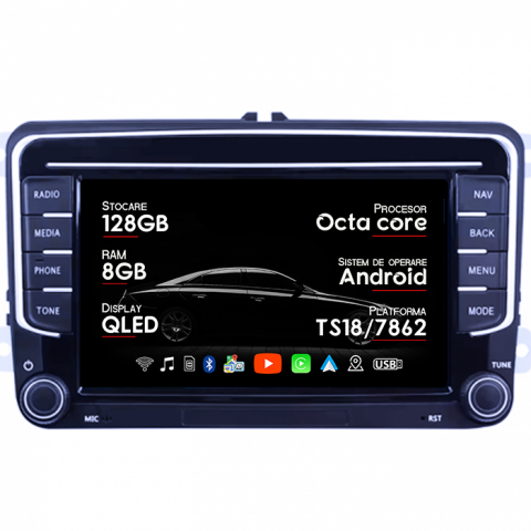 Touran (2004-2014) - Navigatie dedicata Volkswagen, model 2023, 8GB RAM 128GB ROM, Octacore, Platforma TS18, Android 14, Display QLED 7", DSP, Carplay&Android Auto, SIM 4G, Ventilator Activ