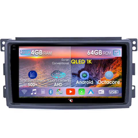 Navigatii Dedicate - Navigatie dedicata Smart Fortwo 2006-2011, 4GB RAM 64GB ROM, Octacore, Android 14, Display QLED 10", DSP, Carplay&Android Auto, SIM 4G, Ventilator Activ