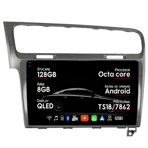 Golf 7 (2013-Prezent) - Navigatie dedicata VW Golf 7 2013-2017, Gri Sidefat, 8GB RAM 128GB ROM, Octacore, Platforma TS18, Android 14, Display QLED 10”, Suporta camera 360º, DSP, Carplay&Android Auto, SIM 4G, Ventilator Activ