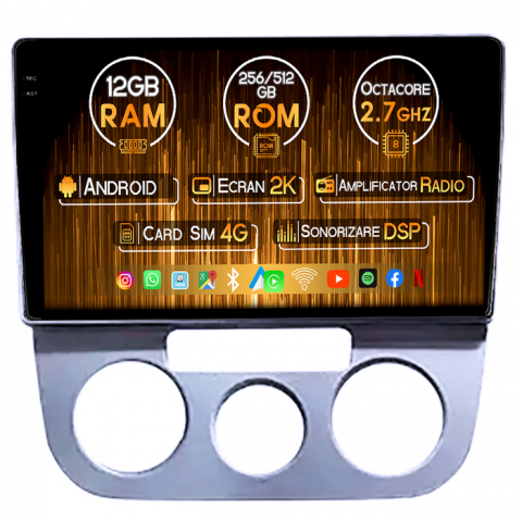 Volkswagen - Navigatie dedicata VW Jetta 2006-2010, 12GB RAM 256GB ROM, Android 14, Rezolutie 2K, Display QLED, 10", DSP, Carplay, Android Auto, Internet, Youtube, Waze, Wi Fi, USB
