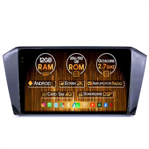 Volkswagen - Navigatie dedicata VW Passat B8 2006+, 12GB RAM 256GB ROM, Android 14, Rezolutie 2K, Display QLED, 10", DSP, Carplay, Android Auto, Internet, Youtube, Waze, Wi Fi, USB
