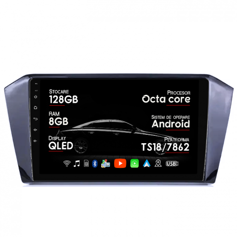 Navigatii Dedicate - Navigatie dedicata VW Passat B8 ( 2015 - 2018 ), 8GB RAM 128GB ROM, Octacore, Platforma TS18, Android 14, Display QLED 10.1”, Suporta camera 360º, DSP, Carplay&Android Auto, SIM 4G, Ventilator Activ