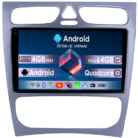C-Class W203 - Navigatie dedicata Mercedes C-Class W203 2000-2003 4 Usi, 4GB RAM 64GB ROM, Quadcore, Android 14, Display QLED  9", DSP, Carplay&Android Auto, Suport camere AHD