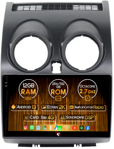 Navigatii Dedicate - Navigatie dedicata Nissan Qashqai 2008-2013, 12GB RAM 256GB ROM, Android 13, Rezolutie 2K, Display QLED, 9", DSP, Carplay, Android Auto, Internet, Youtube, Waze, Wi Fi, USB